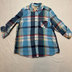 Natural Reflections Women’sPlaid Button Down Shirt - Blue and Multicolor Cotton